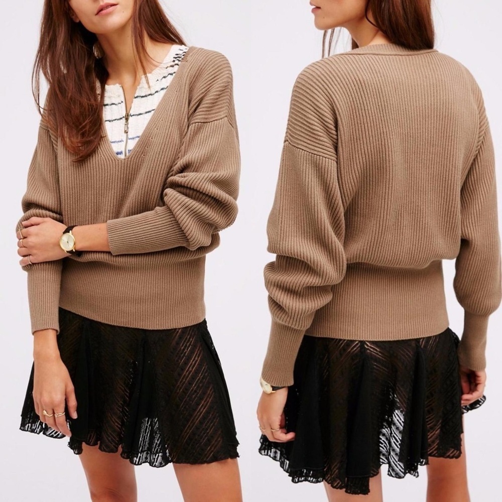 Free People Taupe Allure Ribbed Knit V-Neck Sweater Size Large Bohemian V-Neck L